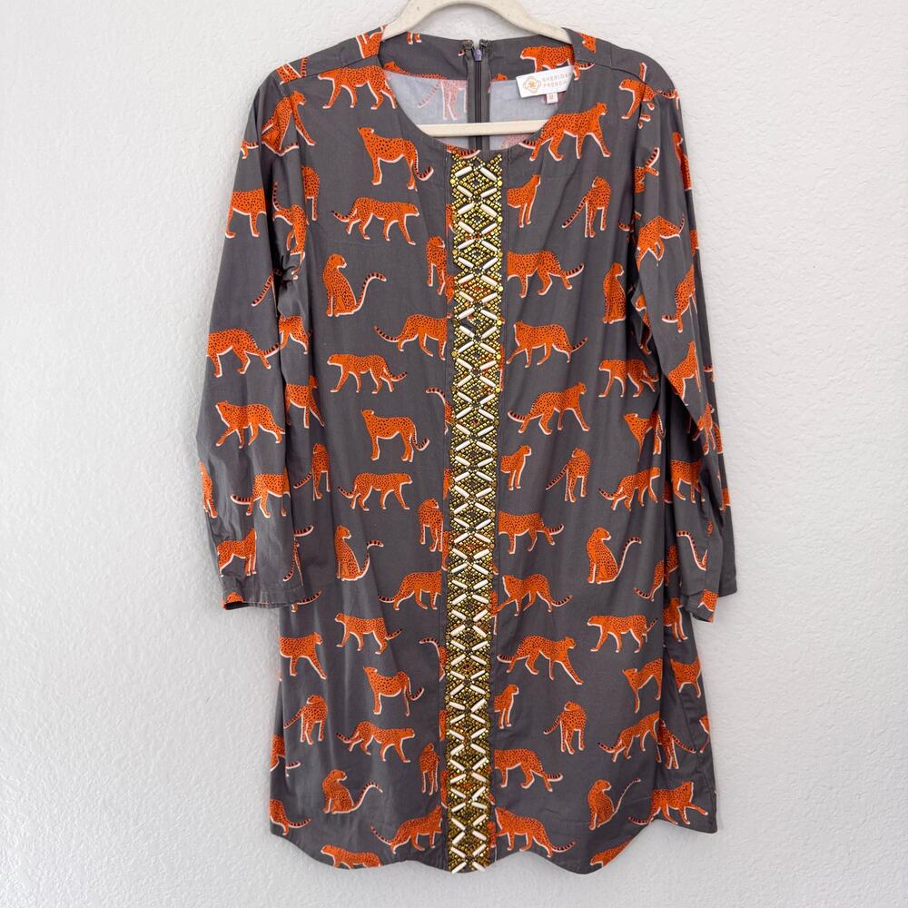 Sheridan French Womens Mini Dress Size M Leopard Cat Beaded Artsy Cotton Gray